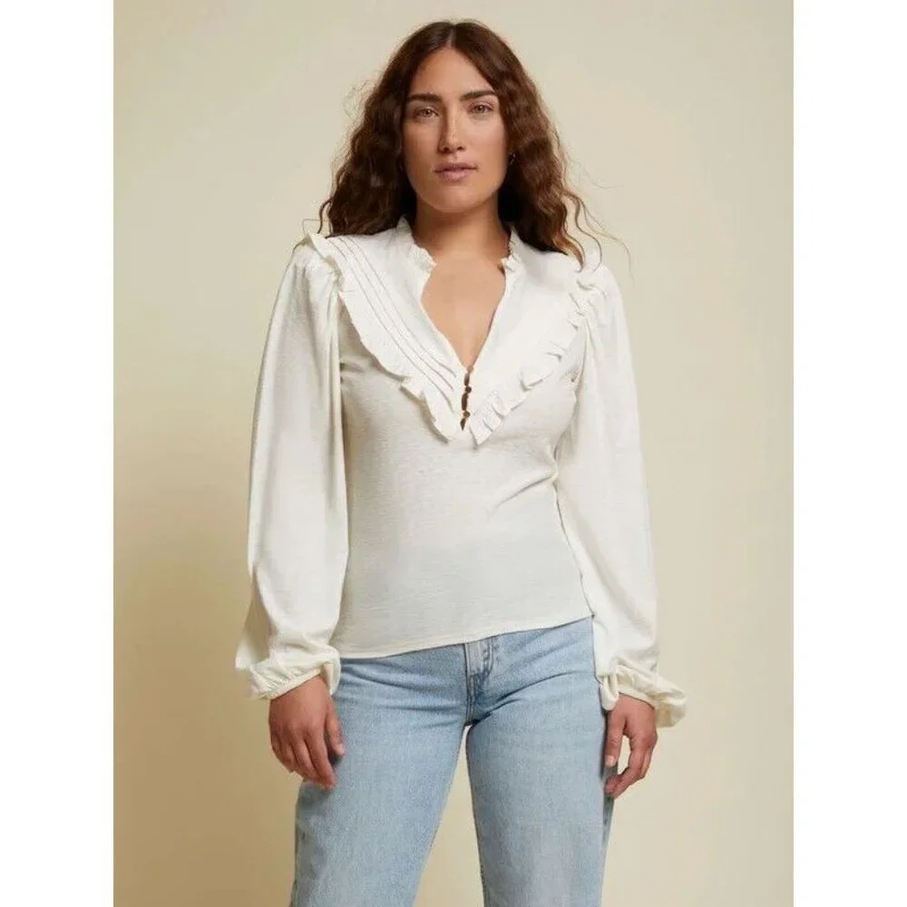 NATION LTD Quintana Ivory Cotton Jersey V-Neck Long Sleeve T-Shirt Top, Size S - Picture 1 of 15